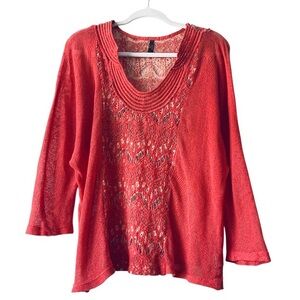 XCVI Scoop Neck Knit Embroidered Sweater Women Size S Coral Bohemian Festival